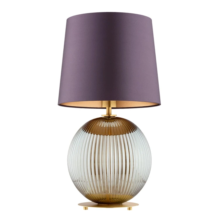 Lampa stołowa na stolik w złotym kolorze  Hamilton –  szkło ryflowane dymione, abażur fioletowy środek złoty (2).jpg