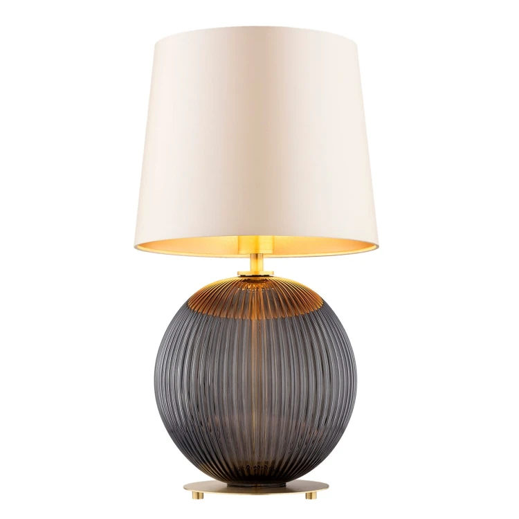 Lampa stołowa styl glamour  Hamilton –  szkło ryflowane grafitowe, abażur beżowy środek złoty.jpg