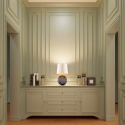 Lampa na komodę styl glamour  Hamilton –  szkło ryflowane grafitowe, abażur beżowy środek złoty.jpg