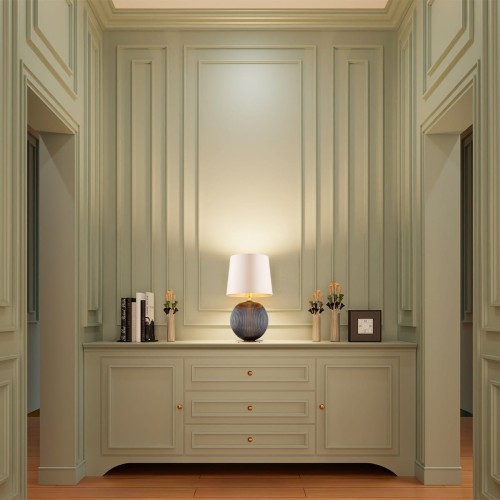 Lampa na komodę styl glamour  Hamilton –  szkło ryflowane grafitowe, abażur beżowy środek złoty.jpg