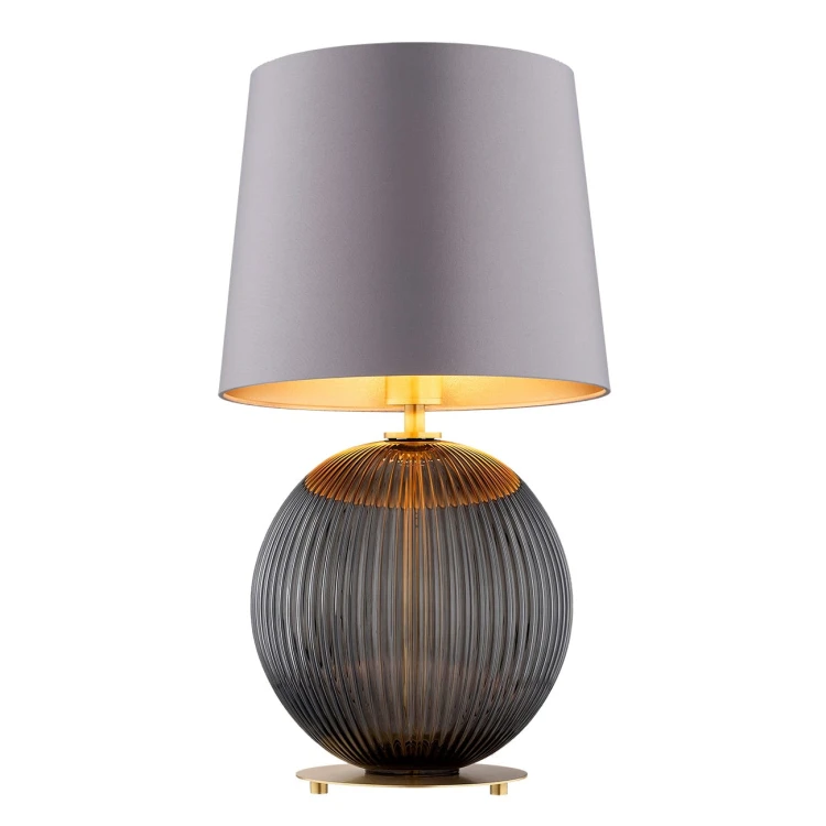 Lampa na stolik przy łóżku w sypialni  Hamilton –  szkło ryflowane grafitowe, abażur szary środek złoty.jpg