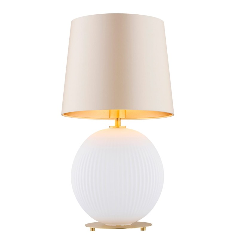 Lampa na stolik biała kula  Hamilton –  szkło ryflowane mleczne, abażur beżowy środek złoty.jpg