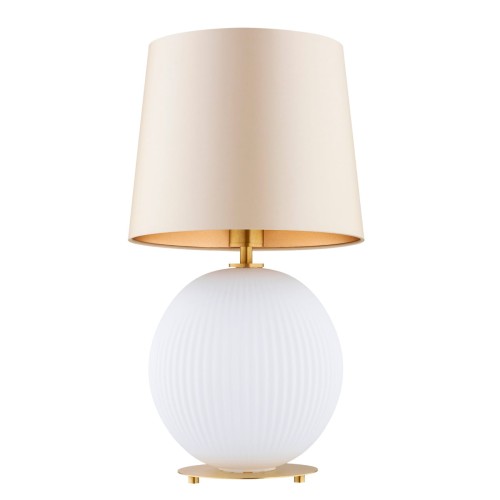 Lampa na stolik biała kula  Hamilton –  szkło ryflowane mleczne, abażur beżowy środek złoty (2).jpg