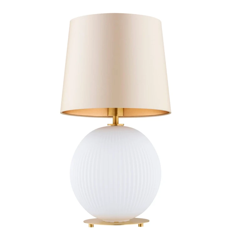Lampa na stolik biała kula  Hamilton –  szkło ryflowane mleczne, abażur beżowy środek złoty (2).jpg
