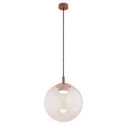 Szklana lampa wisząca Sacramento – różowa opalizowana  kula 30 cm z mocowaniem terakotowym, regulowane zawieszenie.jpg