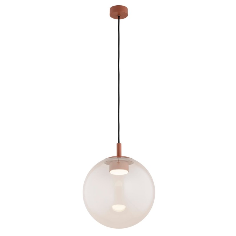 Szklana lampa wisząca Sacramento – różowa opalizowana  kula 30 cm z mocowaniem terakotowym, regulowane zawieszenie.jpg