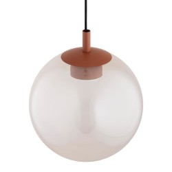 Szklana lampa wisząca Sacramento – różowa opalizowana  kula 30 cm z mocowaniem terakotowym, kolor mocowania.jpg