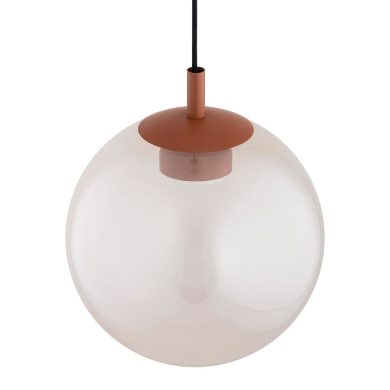 Szklana lampa wisząca Sacramento – różowa opalizowana  kula 30 cm z mocowaniem terakotowym, kolor mocowania.jpg