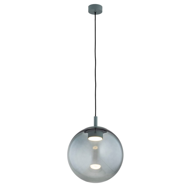 Designerska duża lampa wisząca szklana kula z ciemnym przydymionym szkłem i akcentami stalowymi w kolorze ciemnej zieleni Sacramento.jpg