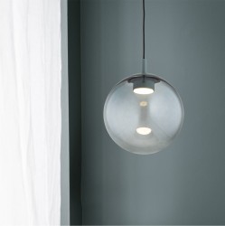 Designerska duża lampa wisząca szklana kula z ciemnym przydymionym szkłem i akcentami stalowymi w kolorze ciemnej zieleni Sacramento 30.jpg