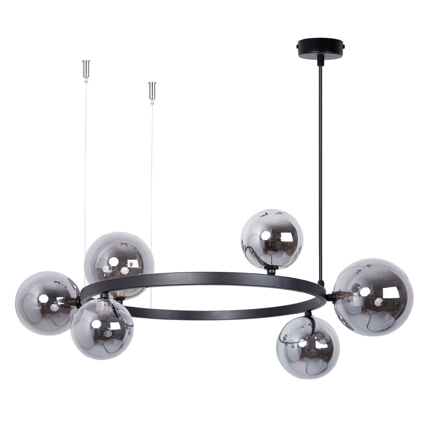 Bolero 72 - lampa wisząca nad okrągły stolik, czarna obręcz, sześc grafitowych lustrzanych kloszy.jpg