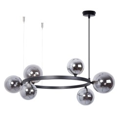 Bolero 72 - lampa wisząca nad okrągły stolik, czarna obręcz, sześc grafitowych lustrzanych kloszy.jpg