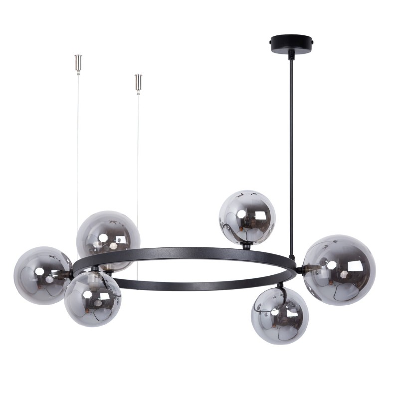 Bolero 72 - lampa wisząca nad okrągły stolik, czarna obręcz, sześc grafitowych lustrzanych kloszy.jpg