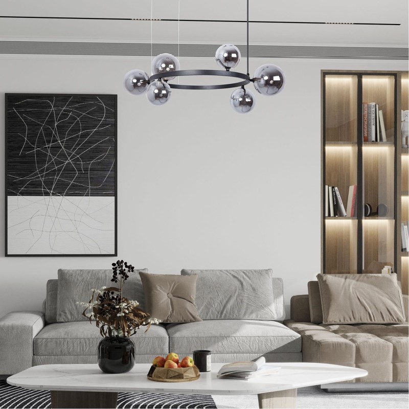 Bolero 72 - lampa wisząca nad okrągły stolik, czarna obręcz, sześc grafitowych lustrzanych kloszy aranżacja.jpg
