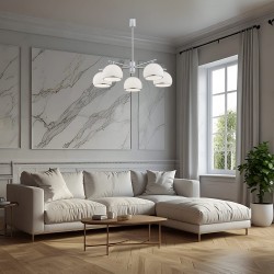 Srebrny żyrandol klasyczny Marbella 5 Chrom z pięcioma szklanymi kloszami w kształcie czaszy – elegancka ozdoba do salonu, kuchni lub jadalni w stylu glamour, art deco lub shabby chic aranżacja.jpg
