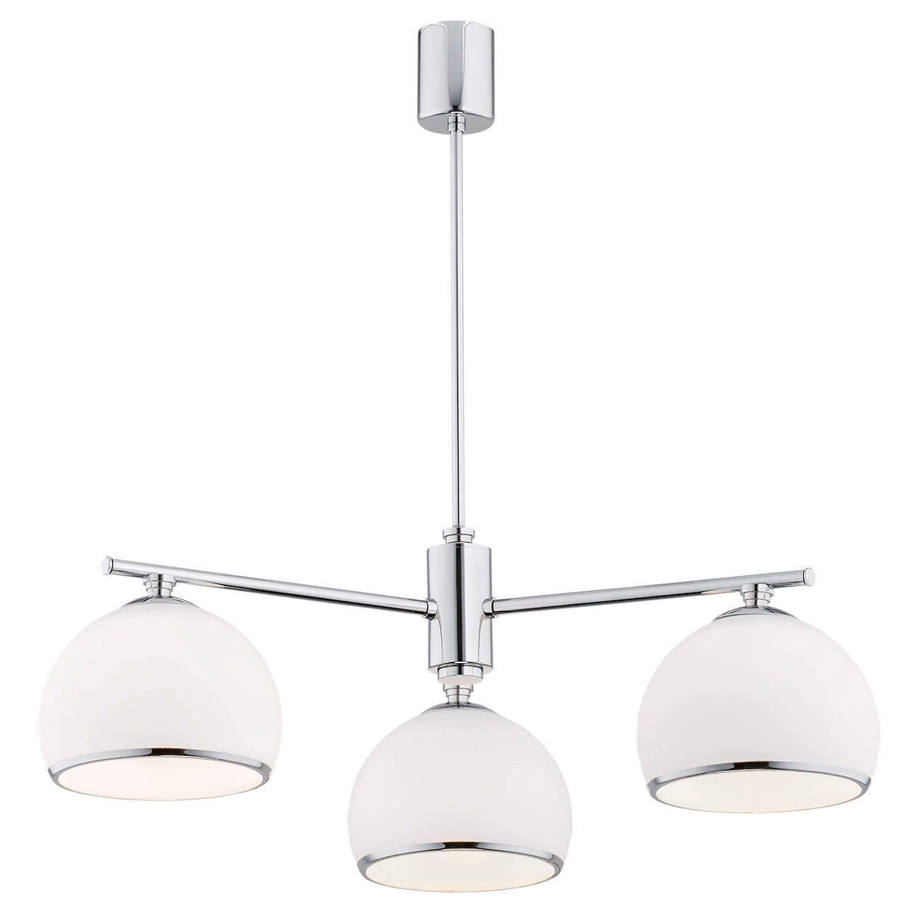 Srebrny żyrandol klasyczny Marbella 3 Chrom z trzema szklanymi kloszami – elegancka lampa sufitowa do salonu, jadalni lub kuchni w stylu glamour, art deco i shabby chic. Stylowy żyrandol z chromowany.jpg