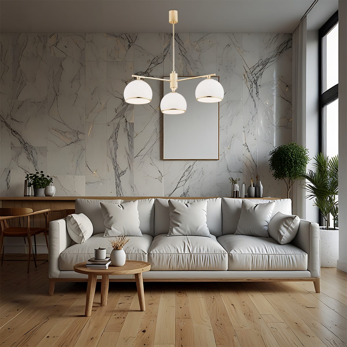 Złoty żyrandol klasyczny Marbella 3 Gold z trzema szklanymi kloszami –  lampa sufitowa do salonu, jadalni lub kuchni w stylu glamour, art deco i shabby chic, aranżacja.jpg
