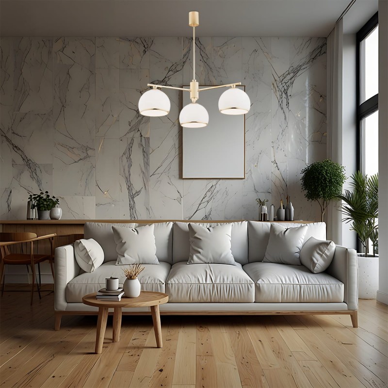 Złoty żyrandol klasyczny Marbella 3 Gold z trzema szklanymi kloszami –  lampa sufitowa do salonu, jadalni lub kuchni w stylu glamour, art deco i shabby chic, aranżacja.jpg