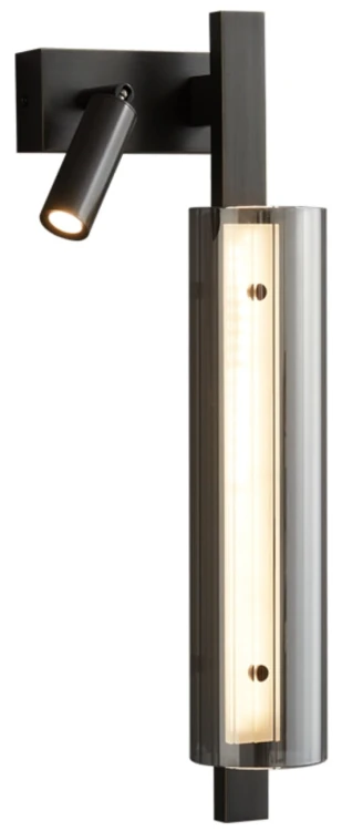 Ariana czarny kinkiet LED do sypialni z regulowanym reflektorem, klosz szklany ryflowany przezroczysty.jpg