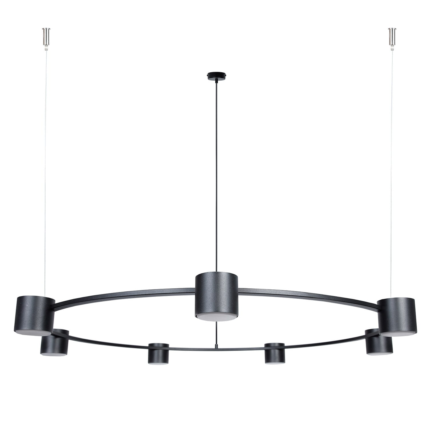 Nowoczesna czarna lampa wisząca Kodo 7 zawieszona nad stołem - okrągły metalowy pierścień z siedmioma reflektorami, minimalistyczny design pasujący do nowoczesnych wnętrz.jpg
