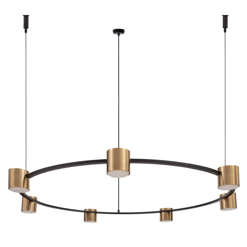 Nowoczesna lampa wisząca Kodo 7 czarnao-złoty- okrągły żyrandol industrialny z 6 reflektorami , regulowana wysokość - oświetlenie nad stół do salonu i jadalni, średnica112 cm.jpg