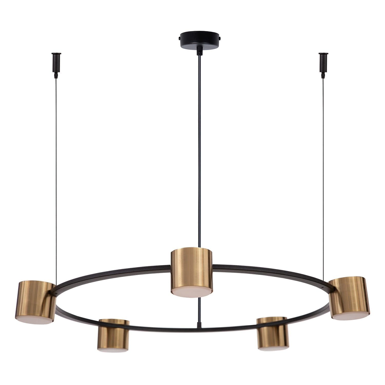 Nowoczesna czarna lampa wisząca Kodo 5 czarno złota nad stół - okrągły metalowy pierścień z pięcioma złotymi reflektorami, minimalistyczny design pasujący do nowoczesnych wnętrz.jpg