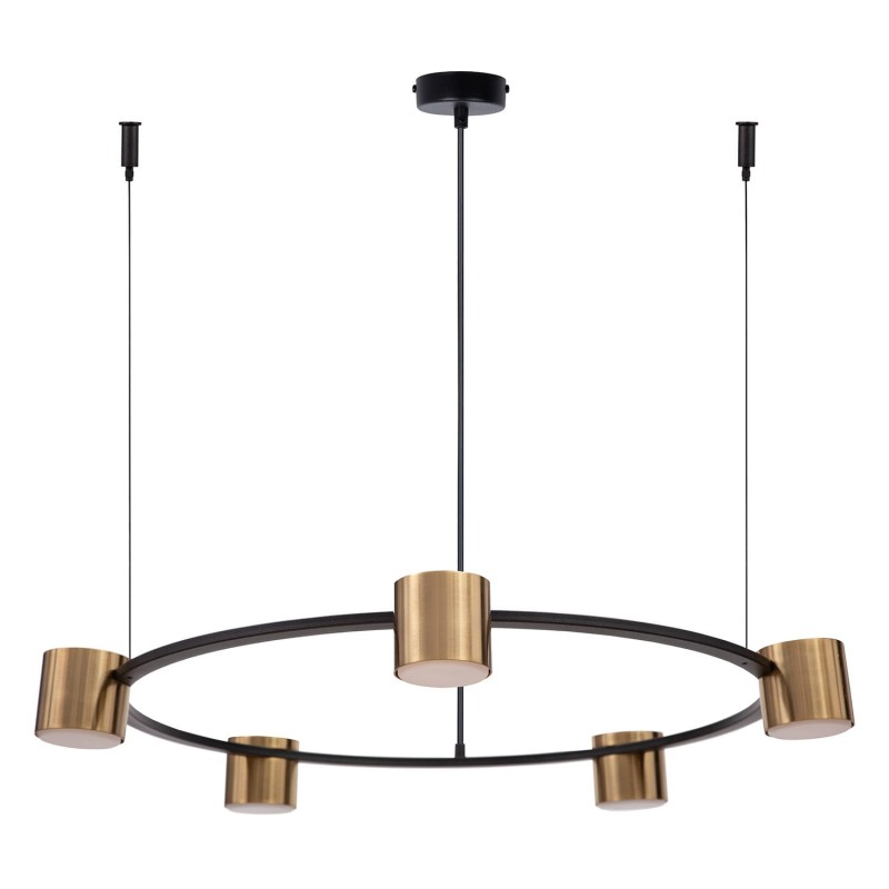 Nowoczesna czarna lampa wisząca Kodo 5 czarno złota nad stół - okrągły metalowy pierścień z pięcioma złotymi reflektorami, minimalistyczny design pasujący do nowoczesnych wnętrz.jpg