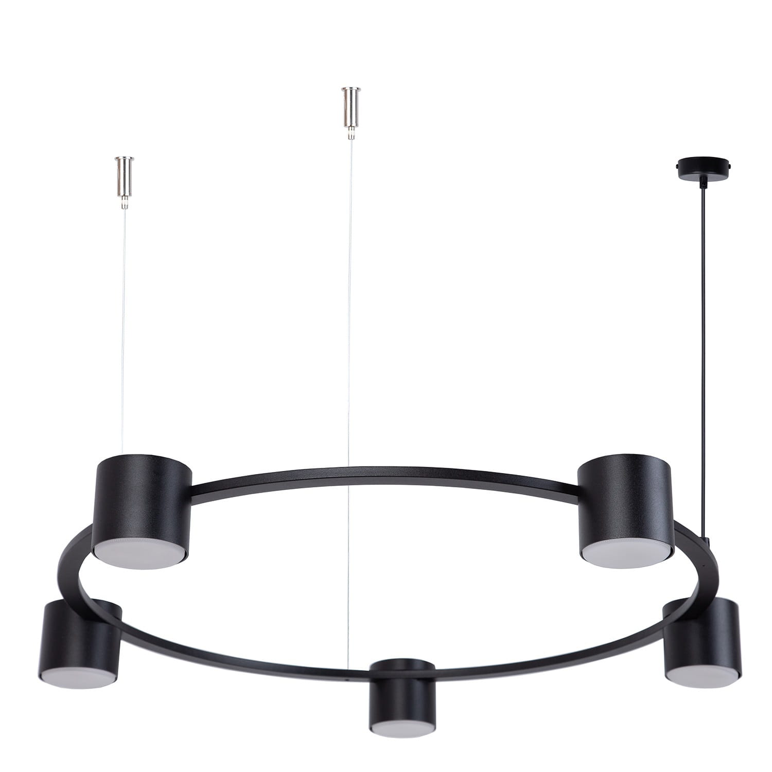 Nowoczesna czarna lampa wisząca Kodo 5 czarna do zawieszonia nad stołem - okrągły metalowy pierścień z pięcioma reflektorami, minimalistyczny design pasujący do nowoczesnych wnętrz.jpg
