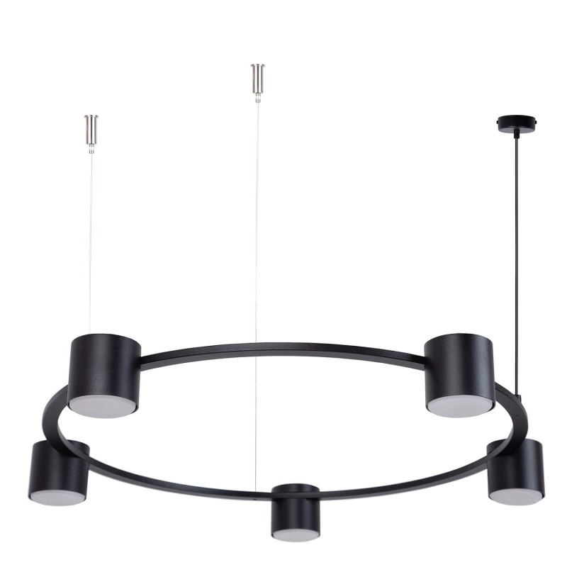 Nowoczesna czarna lampa wisząca Kodo 5 czarna do zawieszonia nad stołem - okrągły metalowy pierścień z pięcioma reflektorami, minimalistyczny design pasujący do nowoczesnych wnętrz.jpg