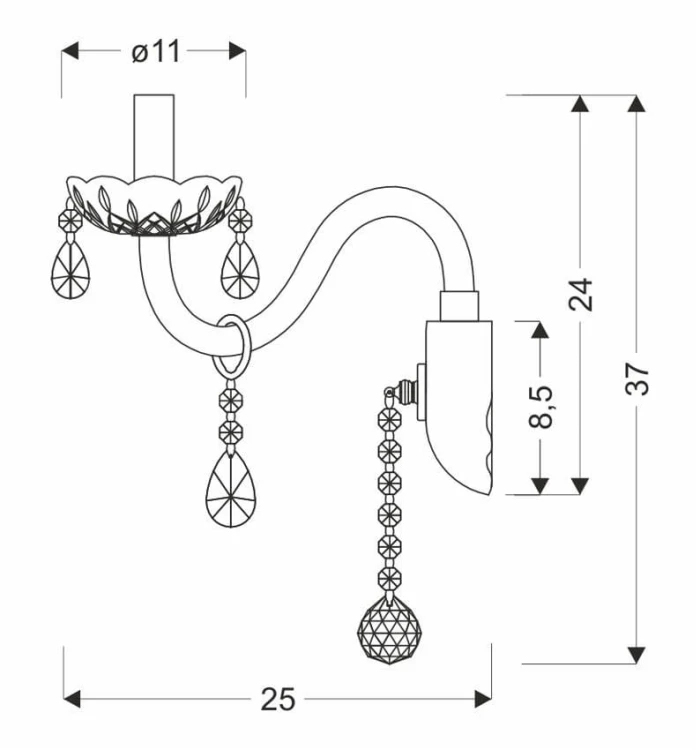 Kinkiet Cristallo 1 Chrom  ozdobiony kryształkami i chromowaną oprawą, w stylu klasycznym wymiary.jpg