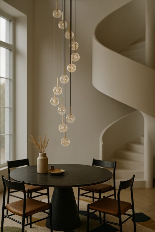 Wysoka lampa wisząca spiralna Galaxy 13  bursztyn – nowoczesne oświetlenie do wysokich wnętrz aranżacja.jpg