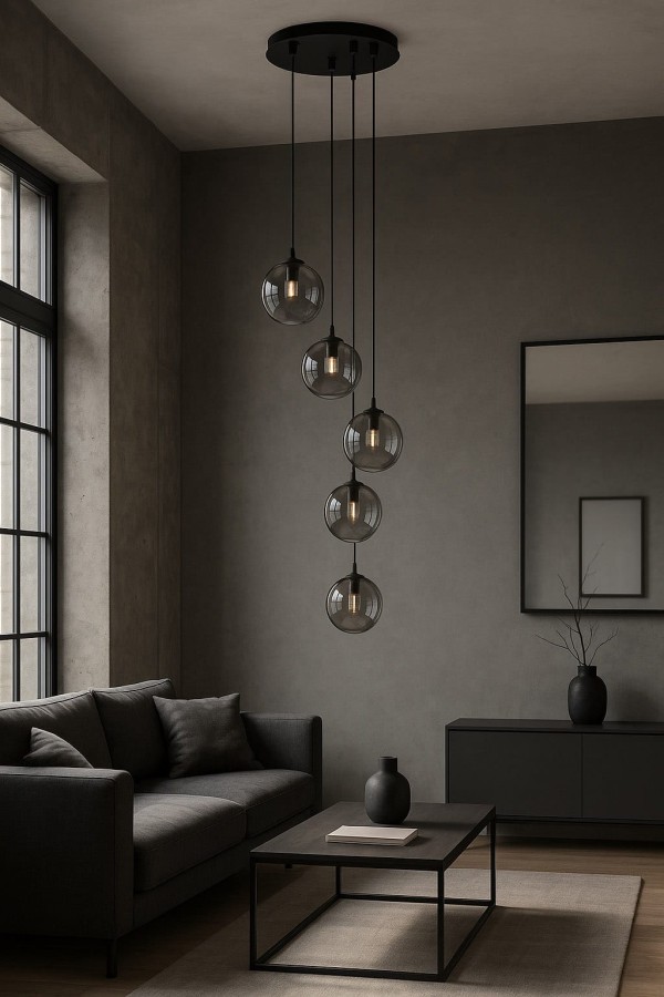 Dori 5 pięć kloszy grafitowych, oświetlenie stolika kawowego w salonie.jpg