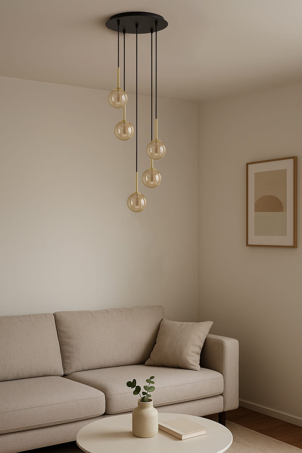 Galaxy 5 pięć kloszy bursztynowych, oświetlenie stolika kawowego w salonie, spiralna lampa do salonu.jpg