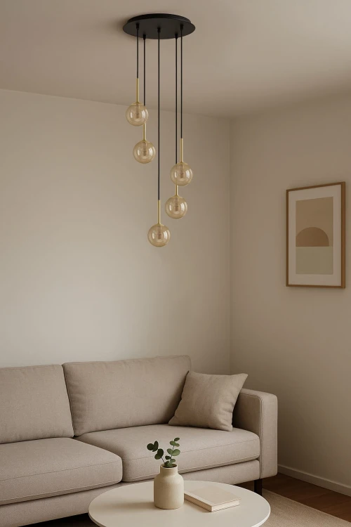 Galaxy 5 pięć kloszy bursztynowych, oświetlenie stolika kawowego w salonie, spiralna lampa do salonu.jpg