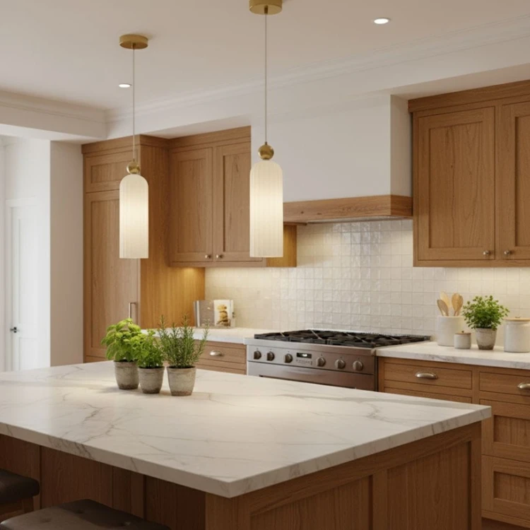 Lampa wisząca Venesia ze szkła mrożonego, ryflowany klosz 35 cm, złota oprawa, oświetlenie wyspy w kuchni.jpg