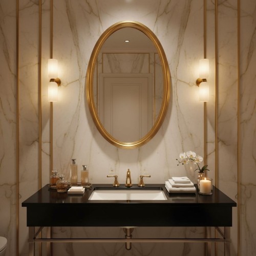 Złoty kinkiet Venesia z podwójnym szklanym kloszem w kolorze białym oświetlenie lustra.jpg