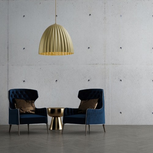 Telma złota lampa wisząca, oświetlenie salonu, pofalowana powierzcnia, nowoczesne oświetlenie.jpg