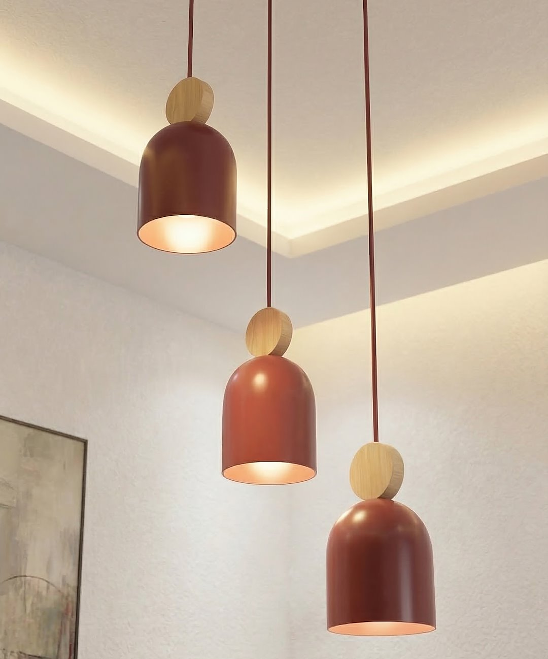 Mesi 3 Burgund lampa wisząca nad stół z trzema kloszami GU10 i drewnianymi detalami..jpg